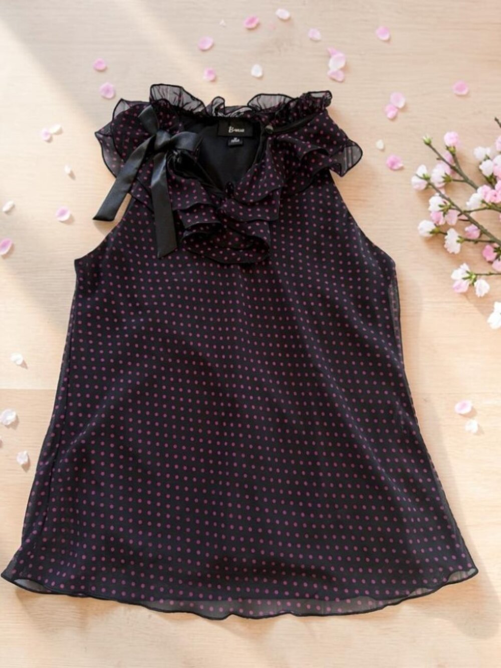 B.Wear Women's Sleeveless Polka Dot Blouse Fuchsia Black Ruffle Neck M‎